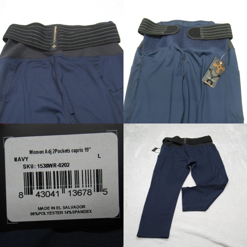 Tommie Copper Capri Women Large Navy 28x20 Flex Legging Adjustable 2 Pockets NEW